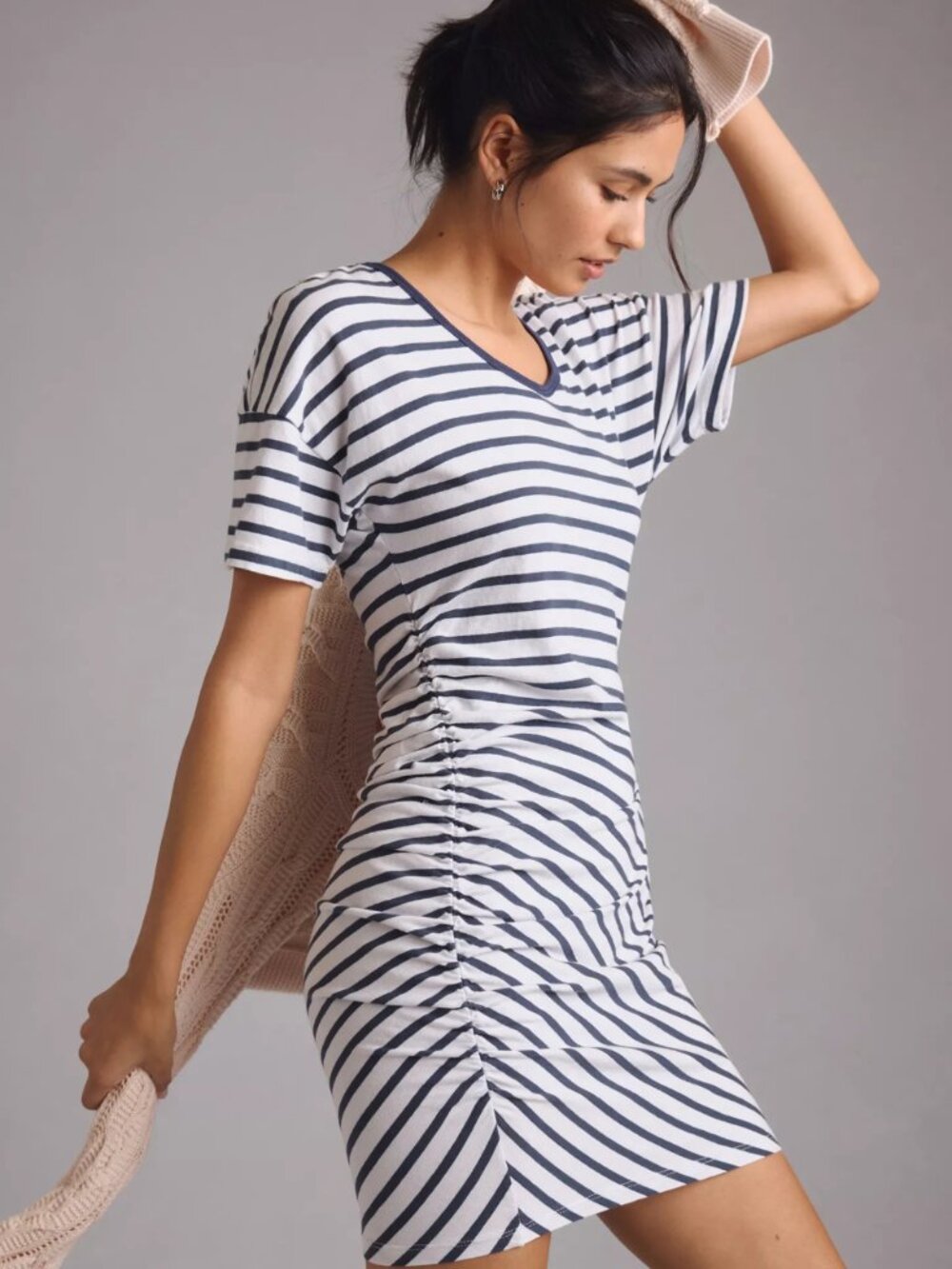 Sundry (Anthropologie) Striped Ruched Side Asymmetric T-Shirt Mini Dress Size 0